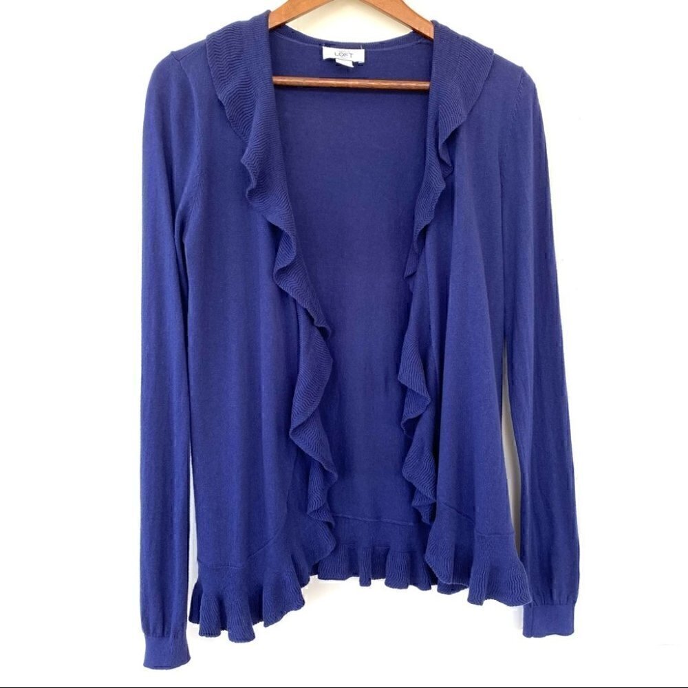 LOFT open cardigan with ruffles in 💯 cotton  knit